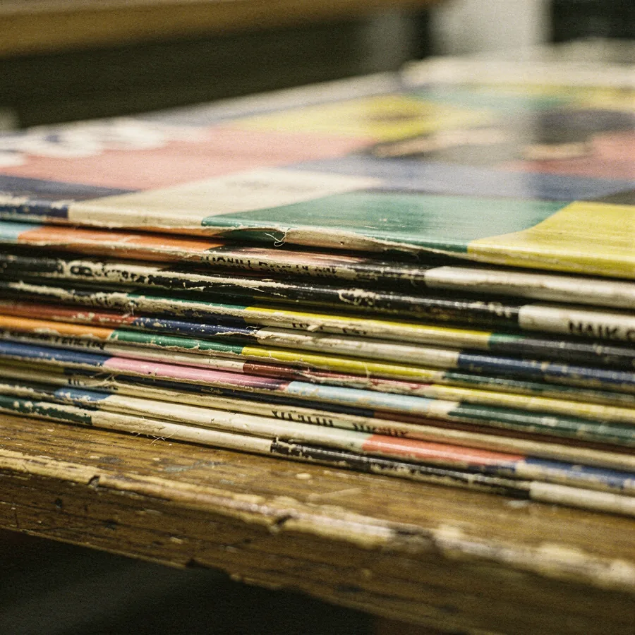 A stack of vinyl LPs on a shop counter, edges and spines visible