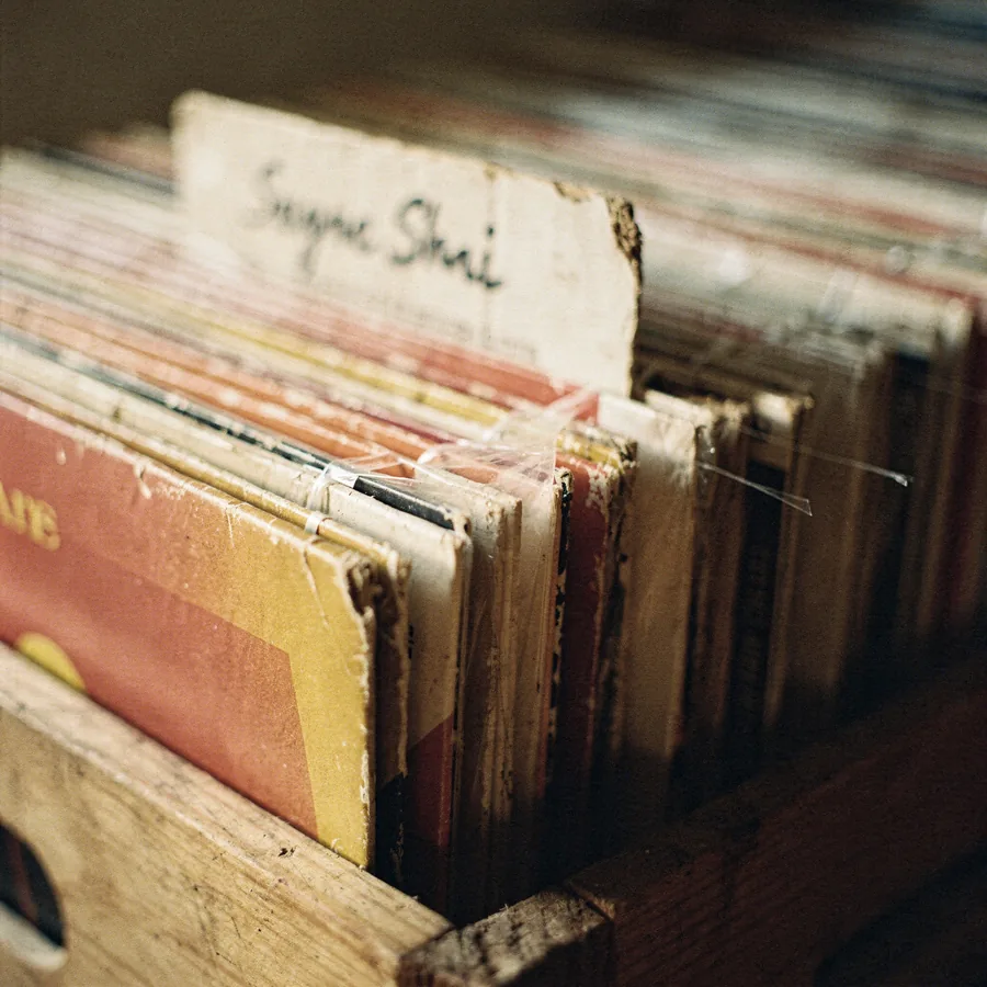 Vinyl LPs in a crate behind a hand-cut card divider