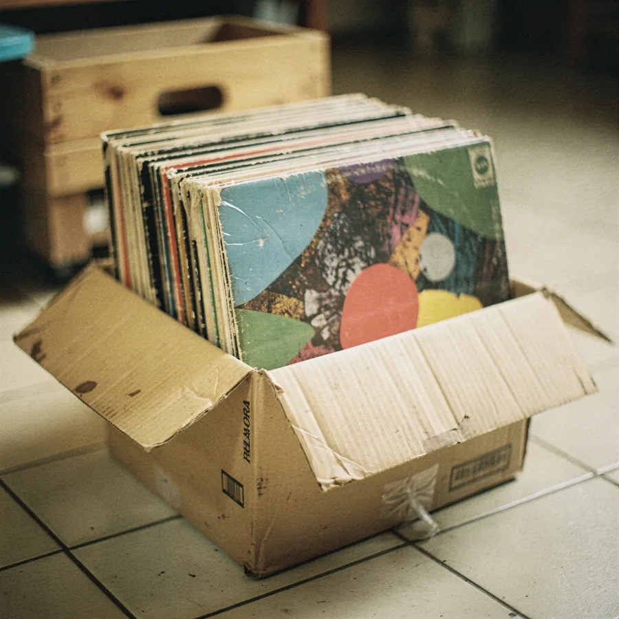 A freshly opened box of second-hand vinyl on the shop floor