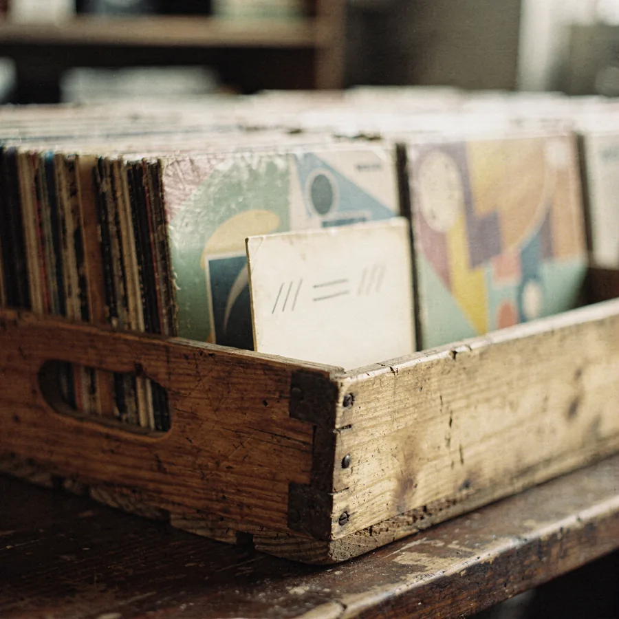 A wooden record crate with a card marker propped against the sleeves